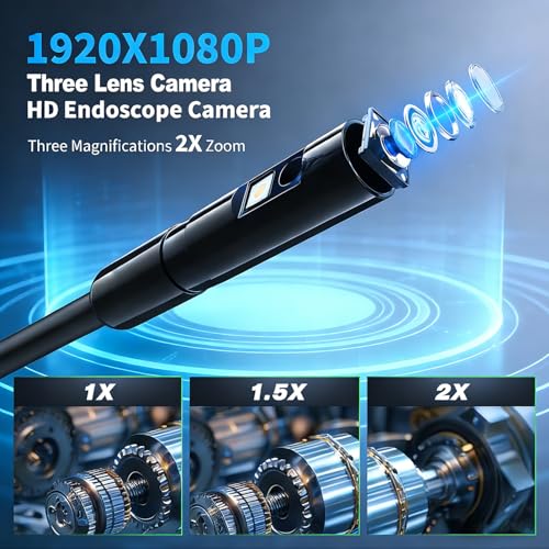 Endoscope Camera with Light 1920P HD Three Lens Borescope with 8 LED Lights, IP67 Waterproof Snake Sewer Tools 5" Inspection Camera,16.4ft Semi-Rigid Drain Endoscope (16.4FT Three Lens-Blue) - size: 16.4FT Three Lens-Blue