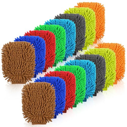 16 Pcs Car Wash Mitt, Chenille Microfiber Cleaning Mitts, Double Sided Scratch-Free Ultra Absorbent Lint-Free Wash Sponge Cloths for Car Washing and Detailing, 8 Colors, 8.66x7 Inch