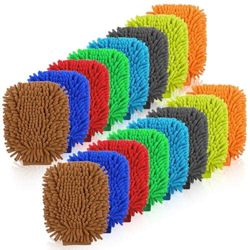 16 Pcs Car Wash Mitt, Chenille Microfiber Cleaning Mitts, Double Sided Scratch-Free Ultra Absorbent Lint-Free Wash Sponge Cloths for Car Washing and Detailing, 8 Colors, 8.66x7 Inch