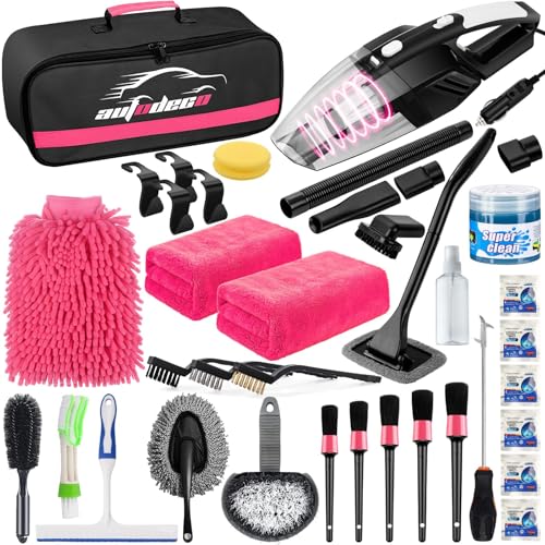 39Pcs Car Cleaning Wash Kit Interior Detailing Cleaner Kit with High Power Handheld Vacuum, Brush Set, Windshield Tool, Duster, Towels, Tire Brush, Complete Car Care Tools, Pink - color: Pink, size: 39Pcs