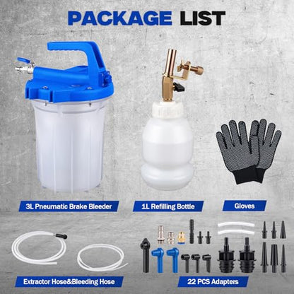 Pneumatic Brake Bleeding Tool with 3L Suction Can, 1L Refill Bottle and 22 Universal Fittings - One Person Upgrade Tool for Car Brake Fluid Bleeding, Automotive Maintenance Use