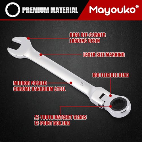 Mayouko 16-Piece Flex-Head Ratcheting Combination Wrench Set, Metric 6-22mm, 72-Teeth, CR-V Steel, With Rolling Pouch