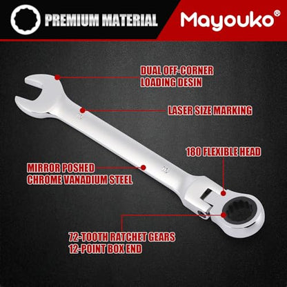 Mayouko 16-Piece Flex-Head Ratcheting Combination Wrench Set, Metric 6-22mm, 72-Teeth, CR-V Steel, With Rolling Pouch