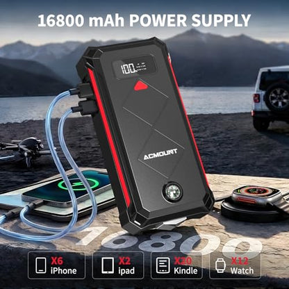 Acmount P100 Car Jump Starter, 5000A Peak Lithium Jump Starter Battery Pack for Up to 10.0L Gas or 8.0L Diesel Engine, Safe 12V Portable Battery Starter Power Pack with LED Screen & LED Light - color: red