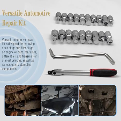 21PCS 3/8" Drive Oil Drain Sump Plug Key Set, Drain Plug Socket Kit | Hex, Square Triangle, Torx, Spline, Gearbox, Engine Repair, Mechanic tool, Oil Sump, Differential, Back Axle, Socket Wrench