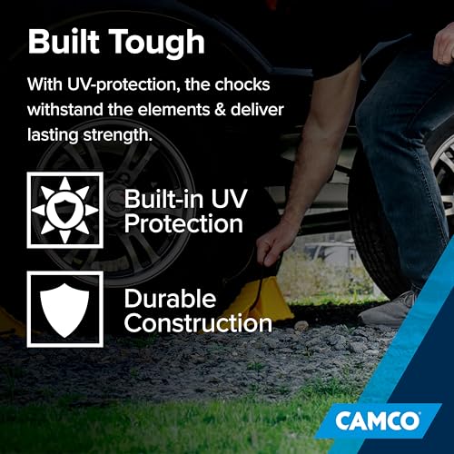 Camco Camper & RV Wheel Chock with Rope - Keeps Trailer in-Place to Safely Unhitch or Park - Compatible with Wheels Up to 26” in Diameter & Molded of Heavy-Duty Hard Plastic - 2-Pack - 44471 - style: w/ Rope Design