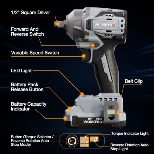 WORKPROX 20V Cordless Impact Wrench Brushless, 440 Ft-Ibs 1/2 Impact Gun | 600N.m High Torque Electric Impact Driver for Car Tire Change, Mower, Pickup & Home Repair, 3 Speeds, LED, 4 Sockets