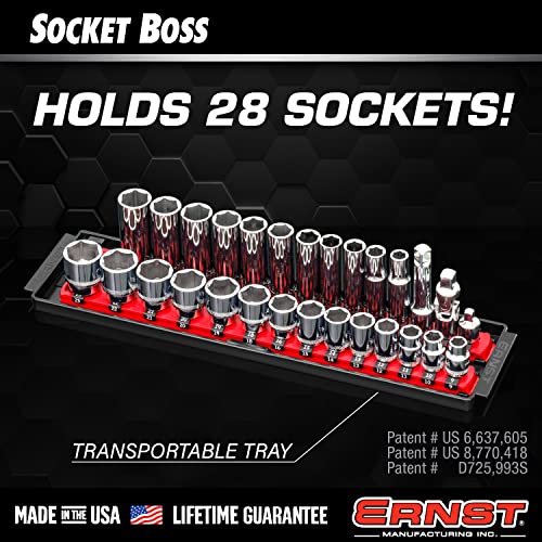 Ernst Mfg. 8493 RD Socket BOSS Tray High-Density System with (2) Red 13" Socket Rail + (28) Twist Lock Clips, 3/8" Drive - Made in USA - color: Red, size: 3/8", style: 13-INCH