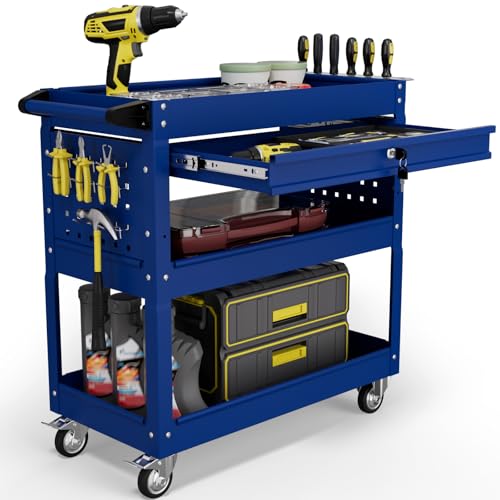 3 Tier Tool Cart on Wheels with Drawers - Three Tier Rolling Cart with Lockable Storage - Mechanic Tool Chest - Tool Chest with Wheels Used in Garage, Indoors, Workshop (Blue) - color: Blue