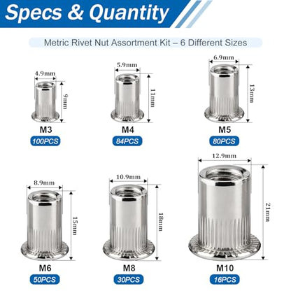 360Pcs Rivet Nut Assortment Kit, Metric Rivnut Set M3 M4 M5 M6 M8 M10 304 Stainless Steel Nutsert Flat Head Knurled Body Threaded Inserts for Metal, Automotive, Furniture - size: SS Metric kits 360pcs