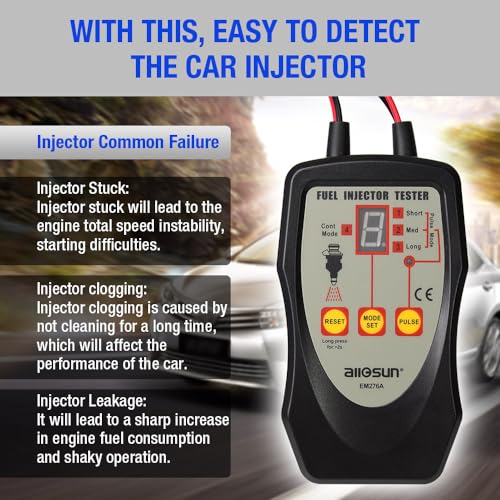 allsun Fuel Injector Tester & Cleaner 4 Pulse Mode Diagnostic Tool with Mode-Lock, Universal 12V Autom Injector Tester Kit, LED Indicator Quick Test Stuck/Leaking/Burnt Injectors for Gasoline Only