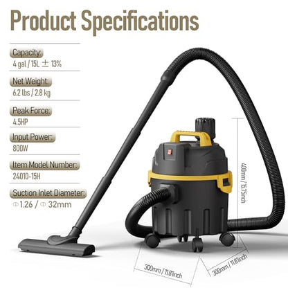 Wet & Dry Shop Vacuum Cleaner with Blower, 15L / 4 Gallon Portable Shop Vac, 800W for Home, Garage, Car, Pet Hair & Workshop, with Multiple Nozzles and Attachments