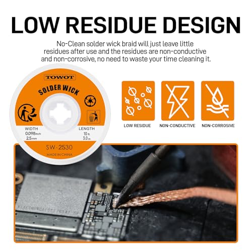 TOWOT 10ft Solder Wick Braid & No-Clean Soldering Flux Paste (10cc) - Desoldering Kit for Electronics Repair, PCB, Circuit Board Rework - style: 10ft+10cc
