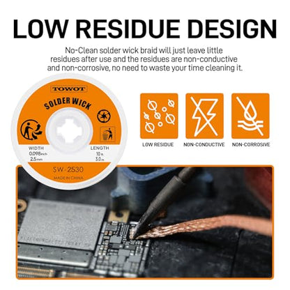 TOWOT 10ft Solder Wick Braid & No-Clean Soldering Flux Paste (10cc) - Desoldering Kit for Electronics Repair, PCB, Circuit Board Rework - style: 10ft+10cc