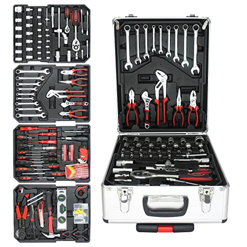 899pcs Rolling Tool Box Set with Lock,Rolling Trolley Case Tool Sets, 4 Layer of Tool Sets 90 Piece Tool Kits on Wheel, Wrench Socket Rolling Hand Tool Box Tool Kit for Garage,Repair Kit(White) - size: 899pcs - Silver