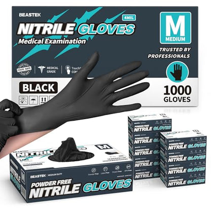 Beastek Nitrile+™ 4 Mil Disposable Exam Gloves, Latex & Powder-Free Medical Food Safe Glove for Cooking Cleaning, Black 100Ct - color: 1000 Black (Medium)