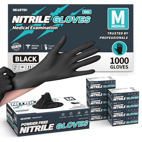 Beastek Nitrile+™ 4 Mil Disposable Exam Gloves, Latex & Powder-Free Medical Food Safe Glove for Cooking Cleaning, Black 100Ct - color: 1000 Black (Medium)