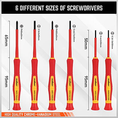 HORUSDY 1000V 6-Piece Mini Insulated Screwdriver Set, Magnetic Tip Mini Electrician Screwdriver Set Slotted(1.8mm,2.0mm2.5mm,3.0mm), Phillips: (PH00, PH0) - style: 6-Piece 1000V Mini Insulated Screwdriver Set