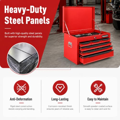 ARNOT Large Metal Tool Box, Tool Box with 6 Drawers & Top Tray, Heavy-Duty Steel Tool Chest with Auto-Locking Drawers and Side Handles for Garage & Workbench, Red - color: Red
