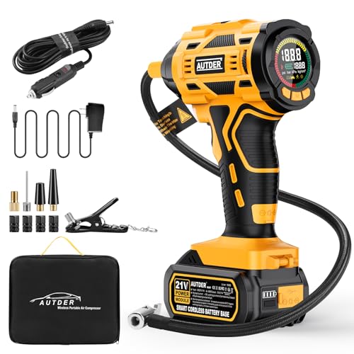 AUTDER Cordless Tire Inflator, 180PSI Portable Air Compressor with 21V Rechargeable Battery & 12V DC Car Adapter, Fast Inflation Digital Pump for Cars, Motorcycles, Bikes & Sports Balls - Black Yellow