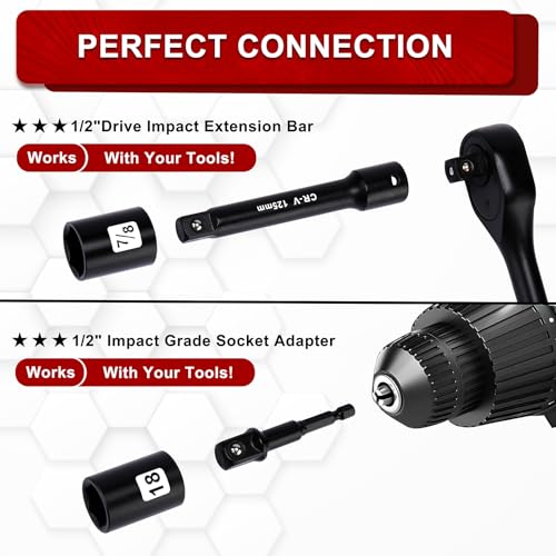 1/2" Drive Impact Socket Set, 23-Piece Shallow Socket, SAE (7/16 to 1-Inch) & Metric (13-24 mm) Sizes, Ratchet Handle, Adapter, CR-V Steel