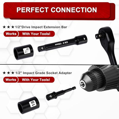 1/2" Drive Impact Socket Set, 23-Piece Shallow Socket, SAE (7/16 to 1-Inch) & Metric (13-24 mm) Sizes, Ratchet Handle, Adapter, CR-V Steel