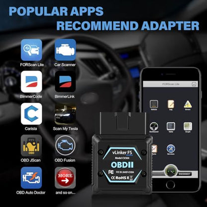 Vgate vLinker FS Bluetooth FORS-can 0BD2 Adapter for-d Fixd Car Diagnostic Tool OBD2 Scanner Bluetooth MS-CAN Work for iOS, Android & Windows, Black