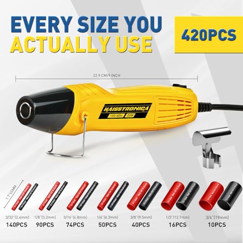 haisstronica 420PCS Heat Shrink Tubing Kit, 3:1 Adhesive Lined Heat Shrink Tube with 350W Mini Heat Gun, Waterproof Insulated Shrink Wrap for Automotive Marine Wiring Repair - size: 420 PCS