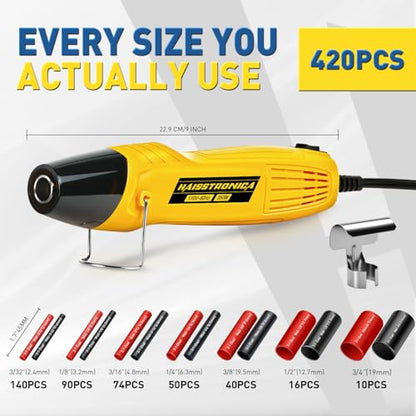 haisstronica 420PCS Heat Shrink Tubing Kit, 3:1 Adhesive Lined Heat Shrink Tube with 350W Mini Heat Gun, Waterproof Insulated Shrink Wrap for Automotive Marine Wiring Repair - size: 420 PCS