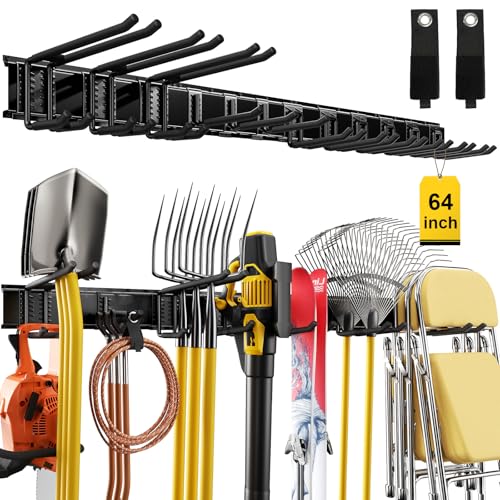 64" Garage Wall Tool Organizer, 900 Lbs Heavy Duty Steel Garden Tool Storage Rack & Garage Organization for Yard, Shed, Garage - 12 Longer & Thicker Hooks + 2 Straps - size: 64inch