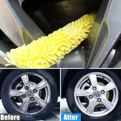 Car Wheel Brush Soft Bristle Rim Cleaner Tool for Tire Washing - Flexible Sponge Head Removes Brake Dust on SUV Truck - 35cm Yellow