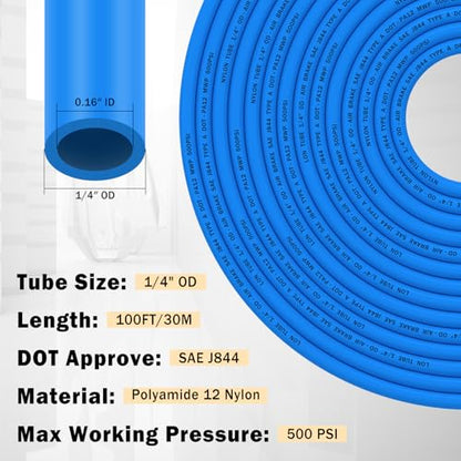 CheeMuii 100 FT 1/4" DOT Air Line with 34 Pcs Brass DOT Air Line Fittings Kit 30.5 Meter 1/4 Blue Air Lines Service Kit with Push Lock Air Fitting Air Coupler & Plug Kit - color: blue & gold, size: 1/4"100ft-37pcs