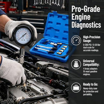 8-Piece Engine Compression Tester Kit, 0-300 PSI Gas Engine Cylinder Pressure Gauge Set for Automotives and Motorcycles