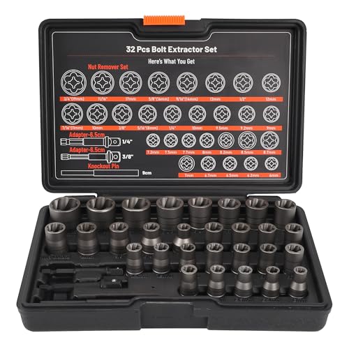Bolt Extractor Set, 32Pcs Stripped Bolt Remover Lug Nut Remover | Lug Nut Extractor Set for Broken Damaged Rounded-Off Bolts, Nuts, Bolts, Studs, Threaded Tubes - size: 32pcs