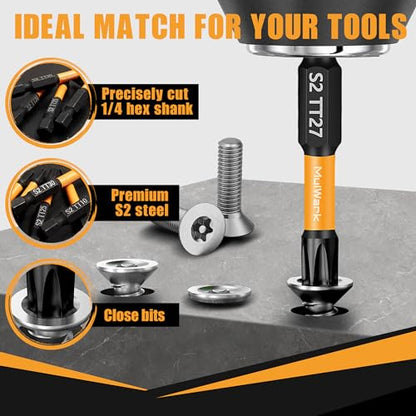 MulWark Torx Security Bit Set, 27 Pieces (T5–TT40) – Precision Tamper-Proof Star Bits with Smooth Edges, 1/4" Hex Shank, and Magnetic Holder – Christmas Gift for DIY & Repair Projects - style: 2" & 1" Torx Bits Set 27 PCs (T5-TT40)
