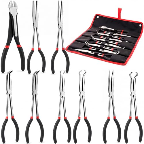 9 Piece 11 Inch Long Reach Pliers Set 45° 90° Bent, Circle, Diagonal Carbon Steel Needle Nose Pliers for Narrow Spaces and Limited Areas(Black) - color: Black