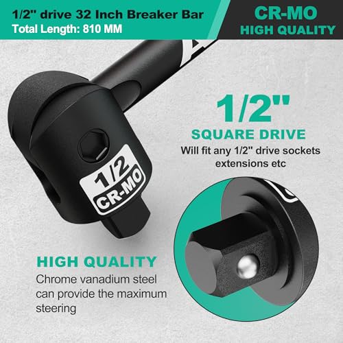 1/2" Drive 32 Inch Breaker Bar, Heavy Duty Head, Premium Chromium-Molybdenum Steel, Laser Etched Marking, for Grip and Break Loose Tight Bolts, Nuts - size: 1/2" 32-inch