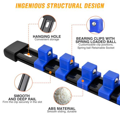 GOOACC Socket Organizer ABS Socket Holder 1/2 Inch Drive Socket Rail Holders Stores up 12 Clips x 1/2" Impact Sockets Organizers Rails for Tool Box Drawer, 1 Piece Blue - size: Clip Rail 1PC 1/2" Blue