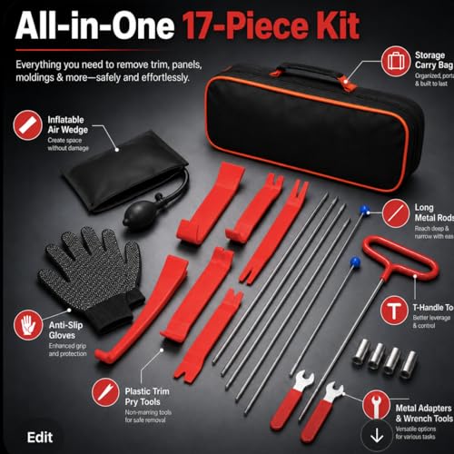 HIGH & SKY 17 PCS Car Tool Kit – Solid Steel Rod 68 Inch with Air Wedge & Pump | Multipurpose Car Repair Tool Kit for Vehicles, Home & Garage Use