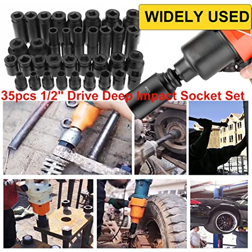 35pcs 1/2" Drive Deep Impact Socket Set Axle Hub Nut 6-Point Metric 8-32mm CR-V Steel Heavy Duty Sockets Tool Set for Vehicle Repair Maintainance - style: 08175#