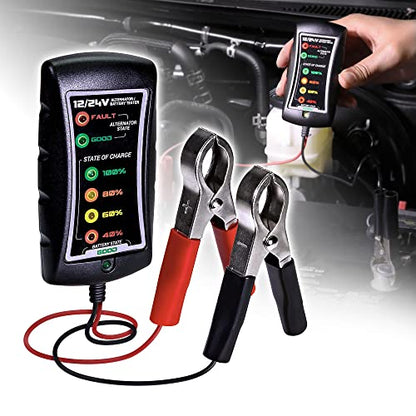 True Mods 12V 24V DC Automotive Auto Car Battery and Alternator Tester [Large Clamps] [LED Indication] Digital Checker Diagnostic Tool for Van Pickup Truck Vehicle Motorcycle