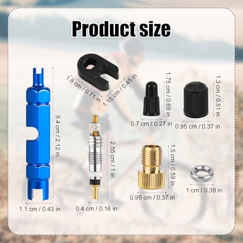 Valve Core Repair Kit for Presta, 4 Valve Cores 4 Valve Core Caps 4 Nuts 2 Plastic Caps 2 Converters and 2 Plastic & Alloy Valve Stem Dismantle Removal Tool for Bike Tire Application
