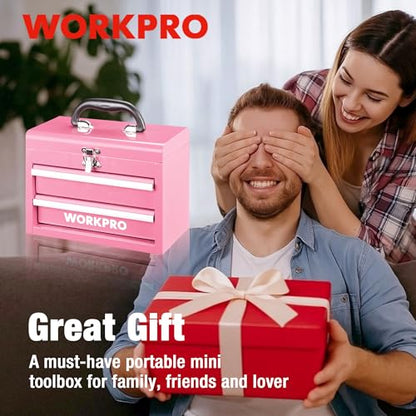 WORKPRO Portable Mini Tool Box, 2 Drawers Metal Tool Chest with Ball Bearing Slides, Top Storage with Latch, Ergonomic Carrying Handle, Toolbox with PVC Liners and PP Feet Pads - Pink Ribbon - color: Pink