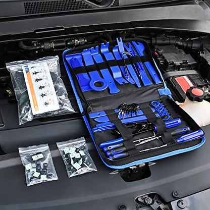 GOOACC 200Pcs Trim Removal Tool, Auto Push Pin Bumper Retainer Clip Set Fastener Terminal Remover Tool Adhesive Cable Clips Round Handle Crowbar Removal Kit Car Panel Radio Removal Auto Clip Pliers - color: 200Pcs Clips Removal Kit Blue