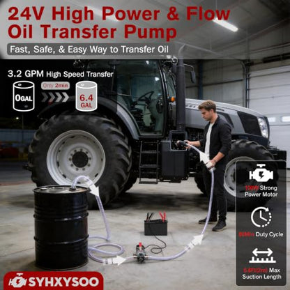 24V Heavy-Duty Gear Pump, 3.2 GPM High Flow Oil Change Pump with Steel Wire Hose, Oil Transfer Pump for Viscous Liquids, Fluid Transfer in Mechanical Equipment for Home Business Farm Boat