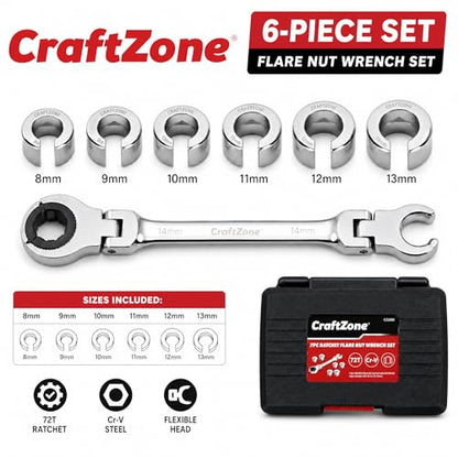 7-in-1 Ratcheting Open Flex-Head Wrench Set, Metric 8-14mm, 72-Tooth Gear, CR-V Steel, Durable Tool Box, Gift for Handyman