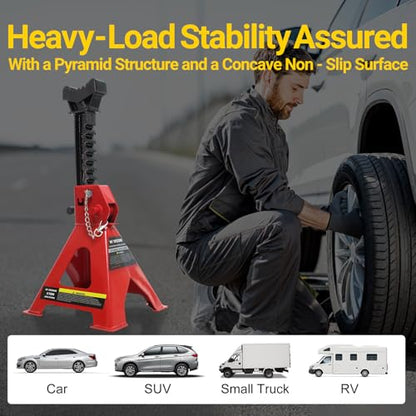 3 Ton Jack Stands, 1 Pair Heavy Duty Steel Car Jack Stands with Double Locking Pins, Adjustable Height for Cars, SUVs, Sedans and Vehicle Repair Maintenance(Red)