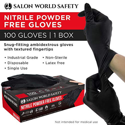 Salon World Safety Black Nitrile Disposable Gloves, Box of 100, Size X-Large, 5.0 Mil - Latex Free, Textured, Food Safe - size: Large (Pack of 100)
