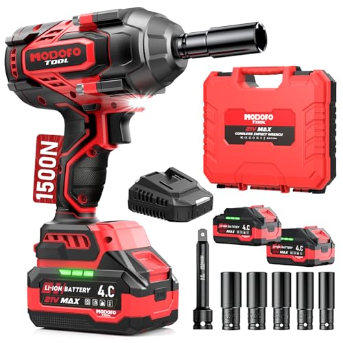Cordless Impact Wrench, 1/2" impact gun, 1500N.m (1100ft-lbs)High Torque Electric Impact Driver, 21V Brushless Electric Impact Wrench with 4.0Ah Li-ion Battery,3500RPM Impact Drill for Home Car Tires - color: Blackish Red