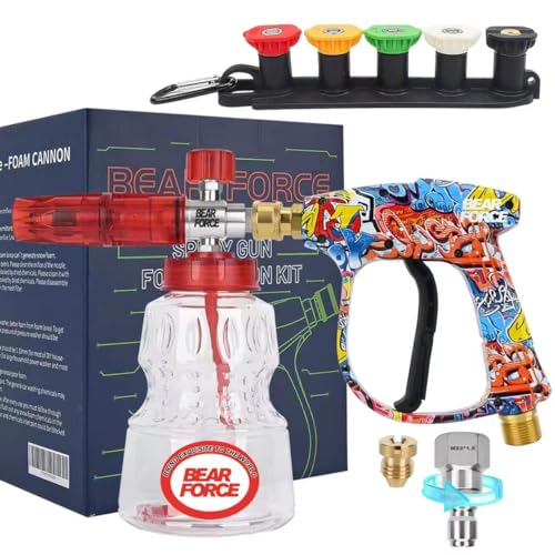 BEAR FORCE Pressure Washer Spray Gun Power Washer Short Gun with M22-ID14mm & Foam Cannon Foam Gun with 5 Nozzles Tips #035 & 3/8'' Quick Connector Swivel, Additional Orifice Nozzle 1.10mm Car Washing - color: D. Spray Gun & Foam Cannon Set